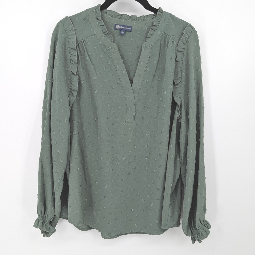 Democracy Blouse Women 1X Sage Green Swiss Dot Ruffle Trim V-Neck Long Sleeve